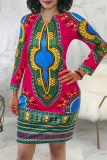 Rose Red Bohemian Print Patchwork O Neck Straight Dresses