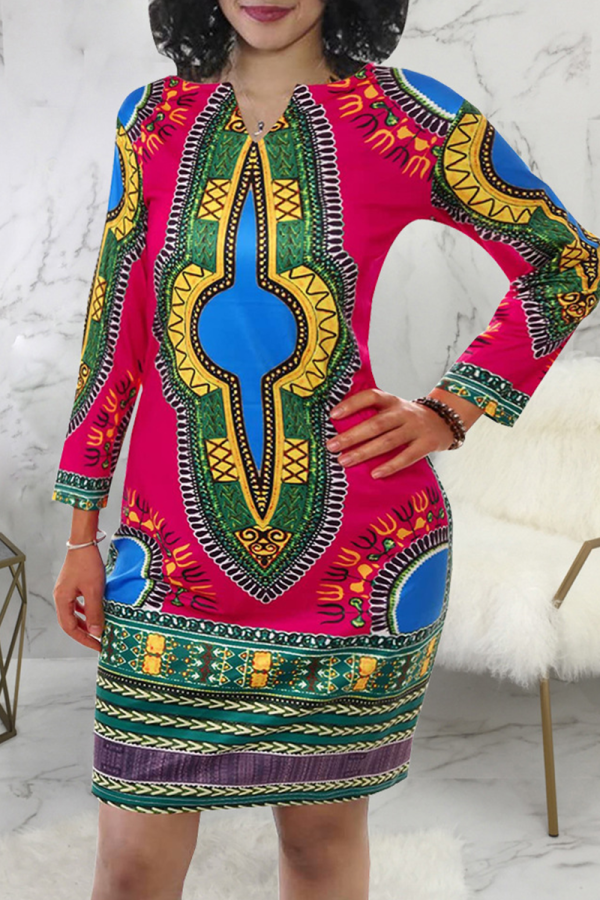 Rose Red Bohemian Print Patchwork O Neck Straight Dresses