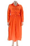 Orange Red Casual Solid Patchwork Buckle Turndown Collar Shirt Dress Plus Size Dresses