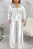 Silver Casual Solid Patchwork V Neck Straight Jumpsuits