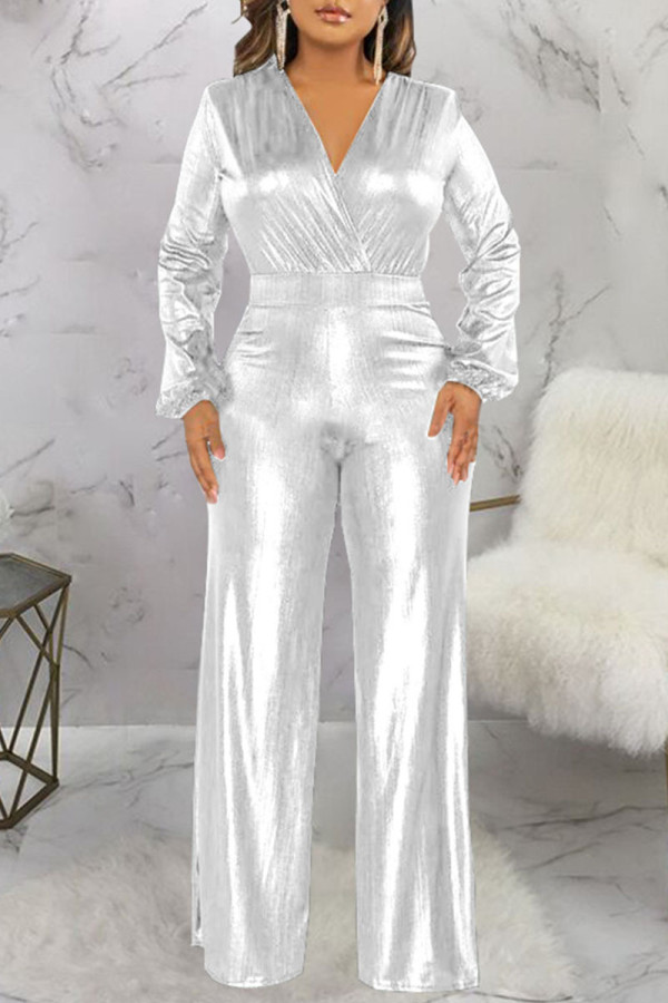 Silver Casual Solid Patchwork V Neck Straight Jumpsuits