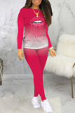 Red Casual Gradual Change Lips Printed Patchwork O Neck Long Sleeve Two Pieces