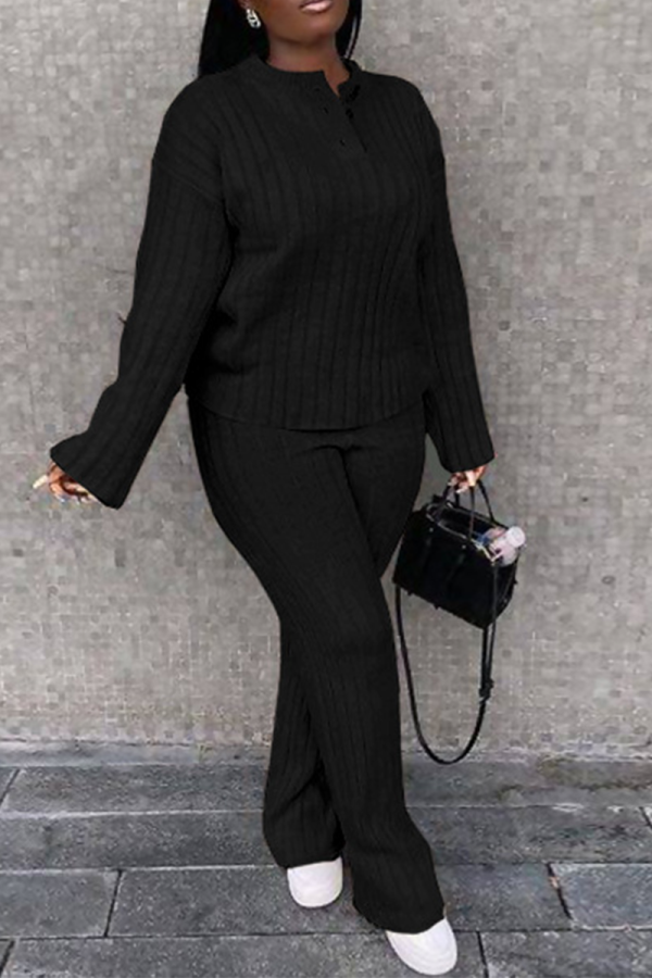 Black Street Solid Patchwork V Neck Long Sleeve Two Pieces