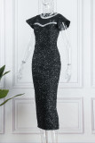 Black Elegant Solid Sequins Patchwork O Neck Evening Dress Dresses