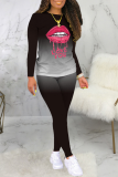 Red Casual Gradual Change Lips Printed Patchwork O Neck Long Sleeve Two Pieces