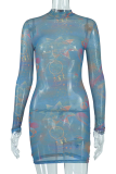 Blue Sexy Print Patchwork Half A Turtleneck Pencil Skirt Dresses