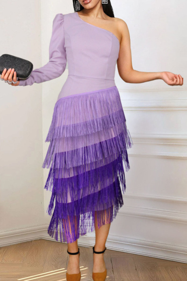 Purple Elegant Solid Tassel Patchwork Oblique Collar Evening Dress Dresses