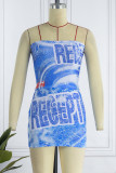 Blue Sexy Print Patchwork Strapless Sleeveless Two Pieces