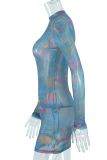 Blue Sexy Print Patchwork Half A Turtleneck Pencil Skirt Dresses