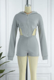 Grey Casual Solid Patchwork Asymmetrical Hooded Collar Long Sleeve Two Pieces
