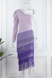Purple Elegant Solid Tassel Patchwork Oblique Collar Evening Dress Dresses