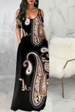Black Vintage Patchwork Patchwork Spaghetti Strap Straight Dresses