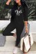 Black Street Print Letter O Neck Long Sleeve Two Pieces