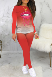 Red Casual Gradual Change Lips Printed Patchwork O Neck Long Sleeve Two Pieces