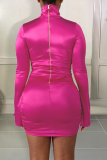Pink Street Solid Patchwork Zipper Collar Pencil Skirt Dresses