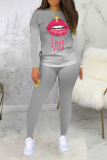 Red Casual Gradual Change Lips Printed Patchwork O Neck Long Sleeve Two Pieces