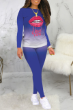 Red Casual Gradual Change Lips Printed Patchwork O Neck Long Sleeve Two Pieces