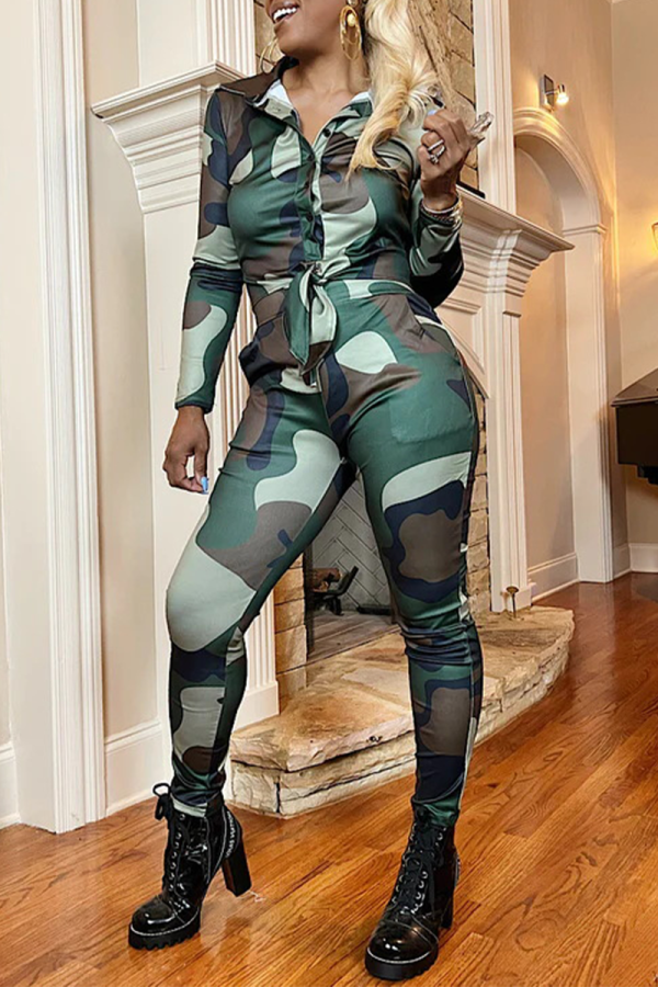 Green Street Print Patchwork Turndown Collar Long Sleeve Two Pieces