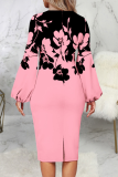 Pink Casual Print Patchwork O Neck Pencil Skirt Dresses