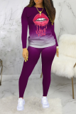 Red Casual Gradual Change Lips Printed Patchwork O Neck Long Sleeve Two Pieces