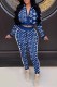Blue Elegant Print Patchwork Zipper Collar Long Sleeve Two Pieces