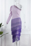 Purple Elegant Solid Tassel Patchwork Oblique Collar Evening Dress Dresses