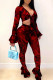Red Sexy Print Bandage Patchwork See-through V Neck Long Sleeve Two Pieces