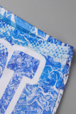Blue Sexy Print Patchwork Strapless Sleeveless Two Pieces