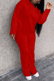 Red Street Solid Patchwork V Neck Long Sleeve Two Pieces