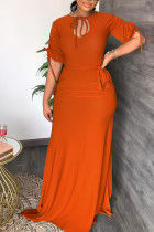 Tangerine Red Casual Solid Bandage Patchwork O Neck Straight Dresses