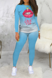 Red Casual Gradual Change Lips Printed Patchwork O Neck Long Sleeve Two Pieces