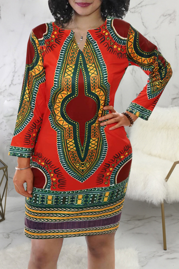 Red Bohemian Print Patchwork O Neck Straight Dresses