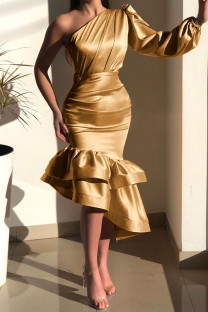 Gold Elegant Solid Patchwork Flounce Asymmetrical Oblique Collar Dresses
