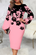Pink Casual Print Patchwork O Neck Pencil Skirt Dresses