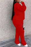 Red Street Solid Patchwork V Neck Long Sleeve Two Pieces
