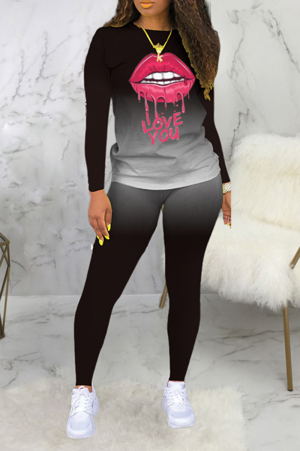 Black Casual Gradual Change Lips Printed Patchwork O Neck Long Sleeve Two Pieces