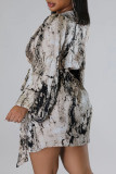 Black Sexy Print Bandage Patchwork Asymmetrical V Neck One Step Skirt Dresses