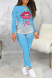 Red Casual Gradual Change Lips Printed Patchwork O Neck Long Sleeve Two Pieces