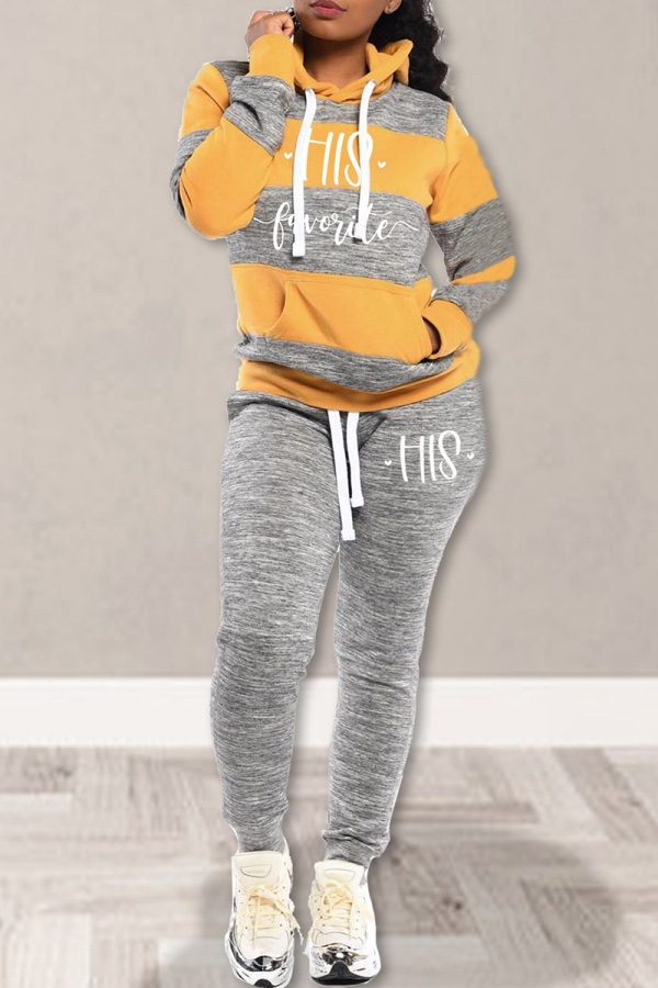 Yellow Street Striped Draw String Hooded Collar Long Sleeve Two Pieces