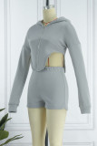 Grey Casual Solid Patchwork Asymmetrical Hooded Collar Long Sleeve Two Pieces