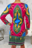 Rose Red Bohemian Print Patchwork O Neck Straight Dresses