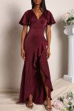 Purple Casual Solid Patchwork Flounce Asymmetrical V Neck Evening Dress Dresses