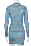 Blue Sexy Print Patchwork Half A Turtleneck Pencil Skirt Dresses
