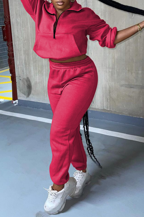Rose Red Street Solid Patchwork Zipper Collar Long Sleeve Two Pieces