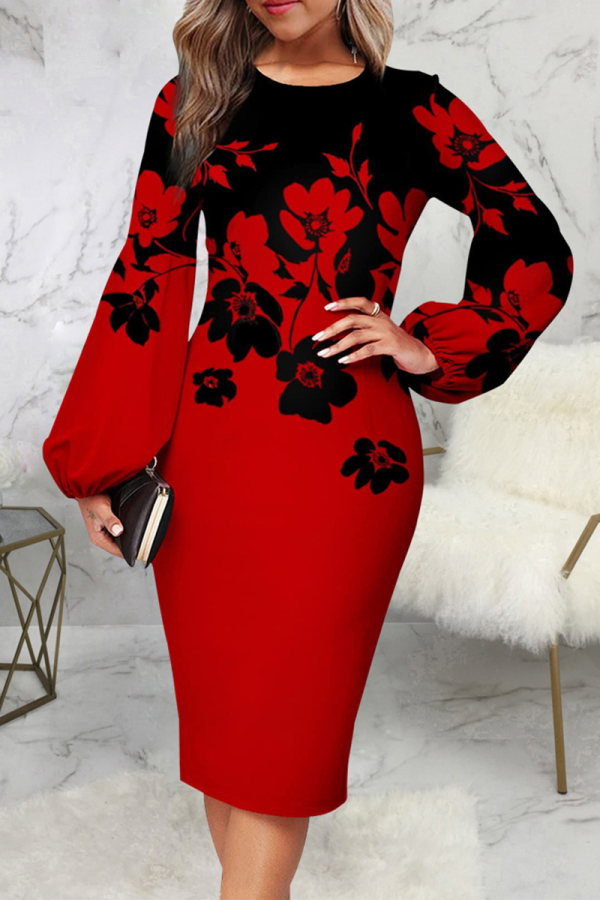 Burgundy Casual Print Patchwork O Neck Pencil Skirt Dresses