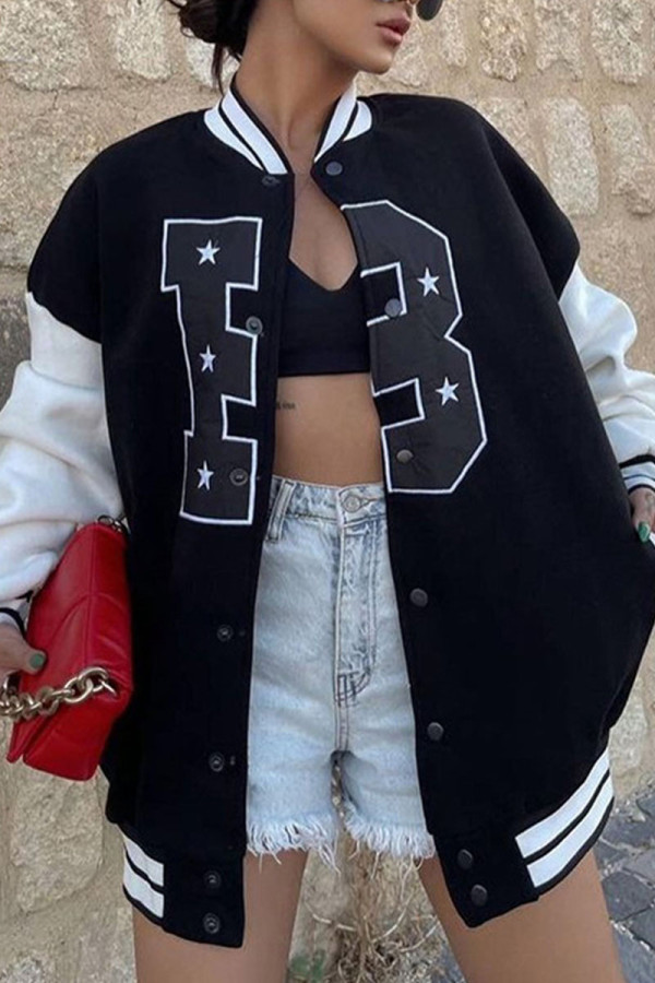 Black Casual Print Patchwork Buckle Outerwear