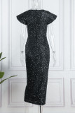 Black Elegant Solid Sequins Patchwork O Neck Evening Dress Dresses