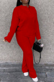 Red Street Solid Patchwork V Neck Long Sleeve Two Pieces