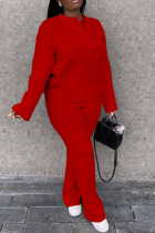 Red Street Solid Patchwork V Neck Long Sleeve Two Pieces
