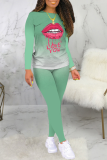 Red Casual Gradual Change Lips Printed Patchwork O Neck Long Sleeve Two Pieces